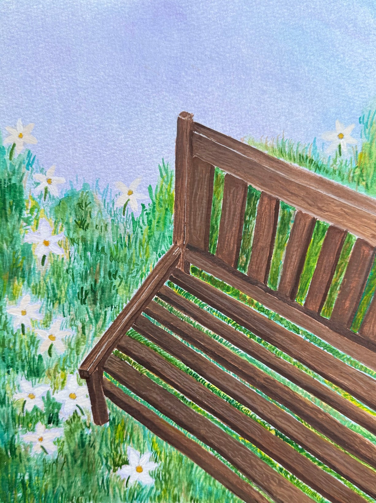 Watercolor painting featuring a wooden bench, growing grass, and white flowers on a blended light blueish purple background