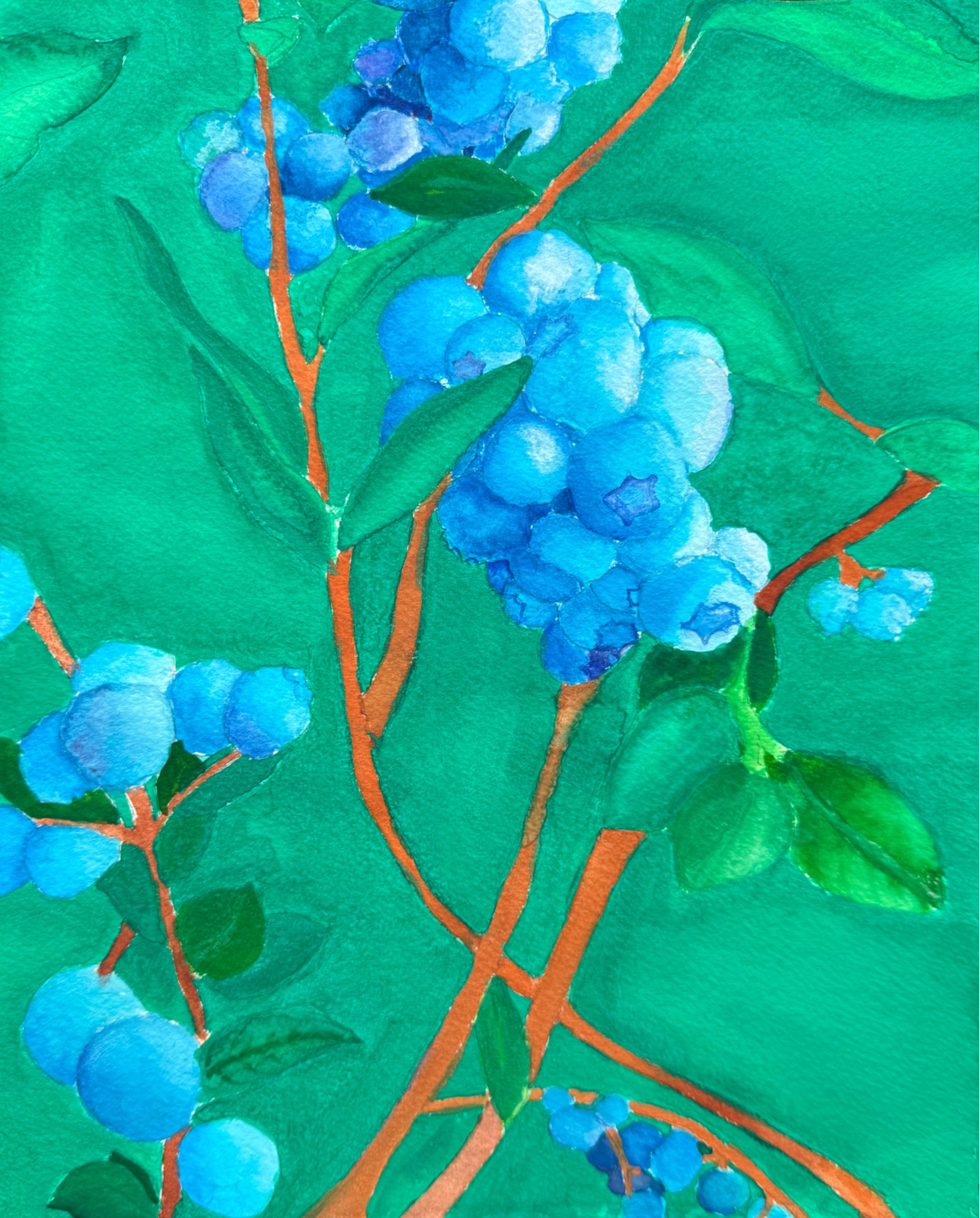 Artistic depiction of blueberries on a green background
